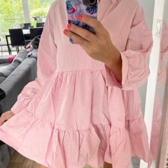 Babydoll Mini Long sleeved Dress Baby Pink - Picture 6 of 13